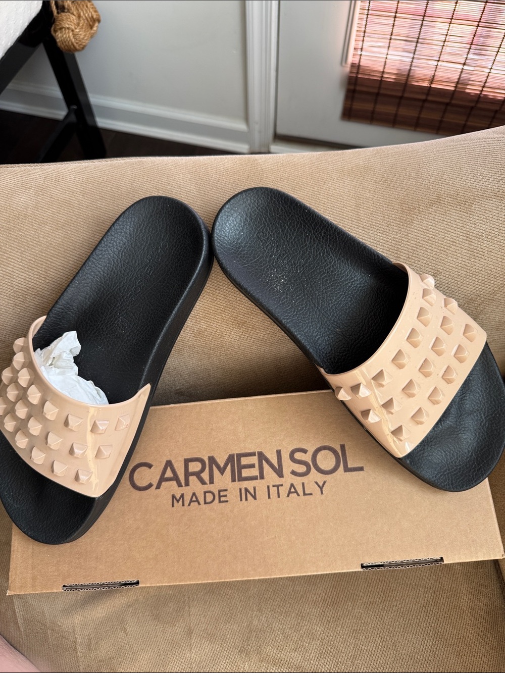 Carmen Sol Women’s Black & Nude Studded Slide Sandals